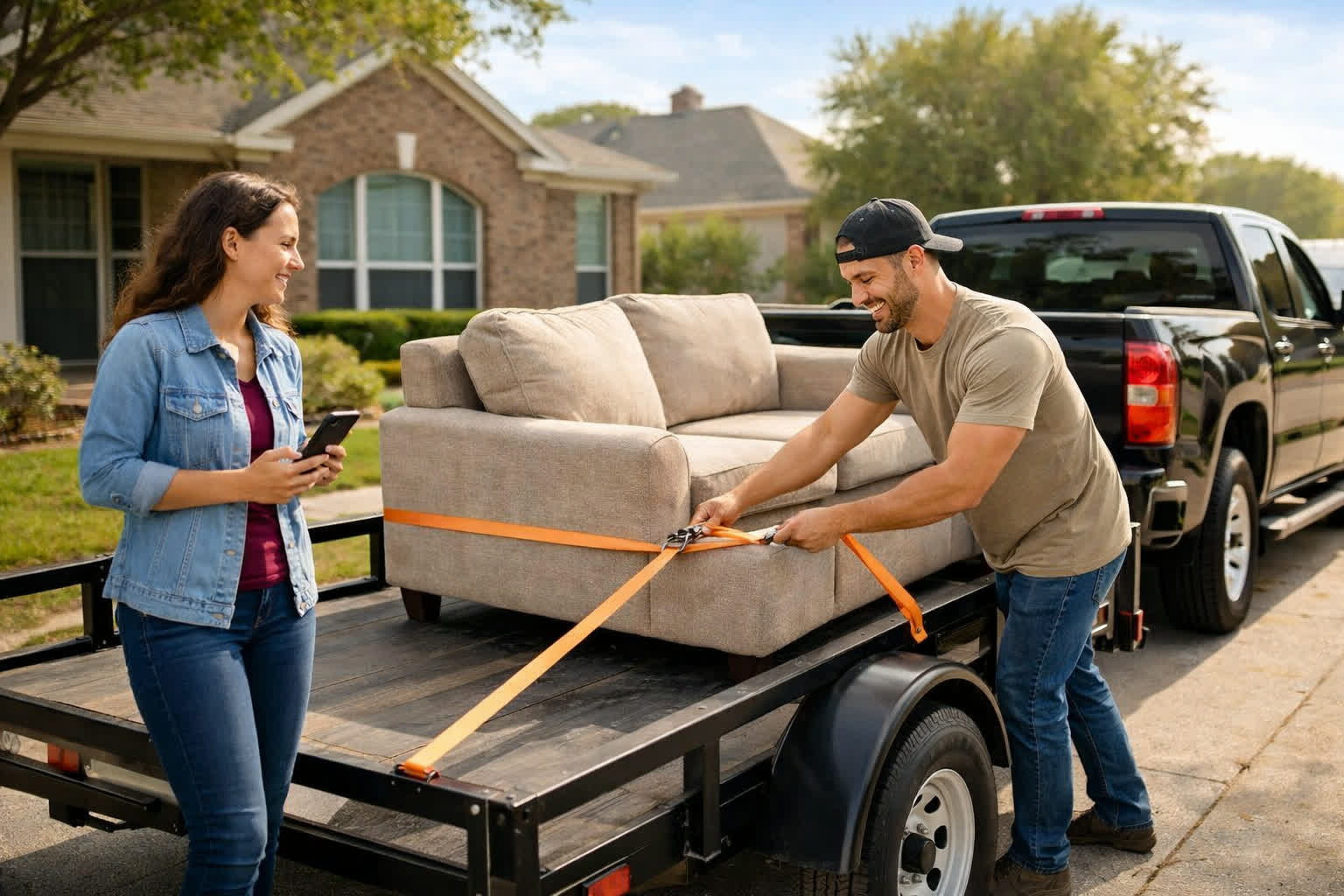 Friendly Will Haul driver helping a customer load furniture